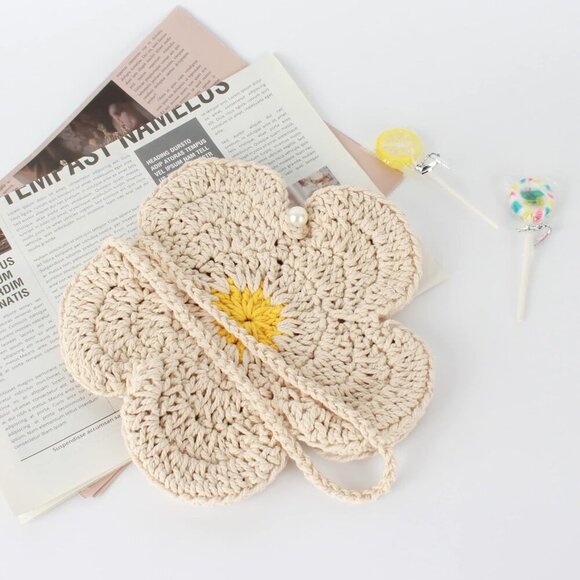 Women Mini Cotton Crochet Crossbody Bag Floral Pattern Small Shoulder Purse - Picture 3 of 7